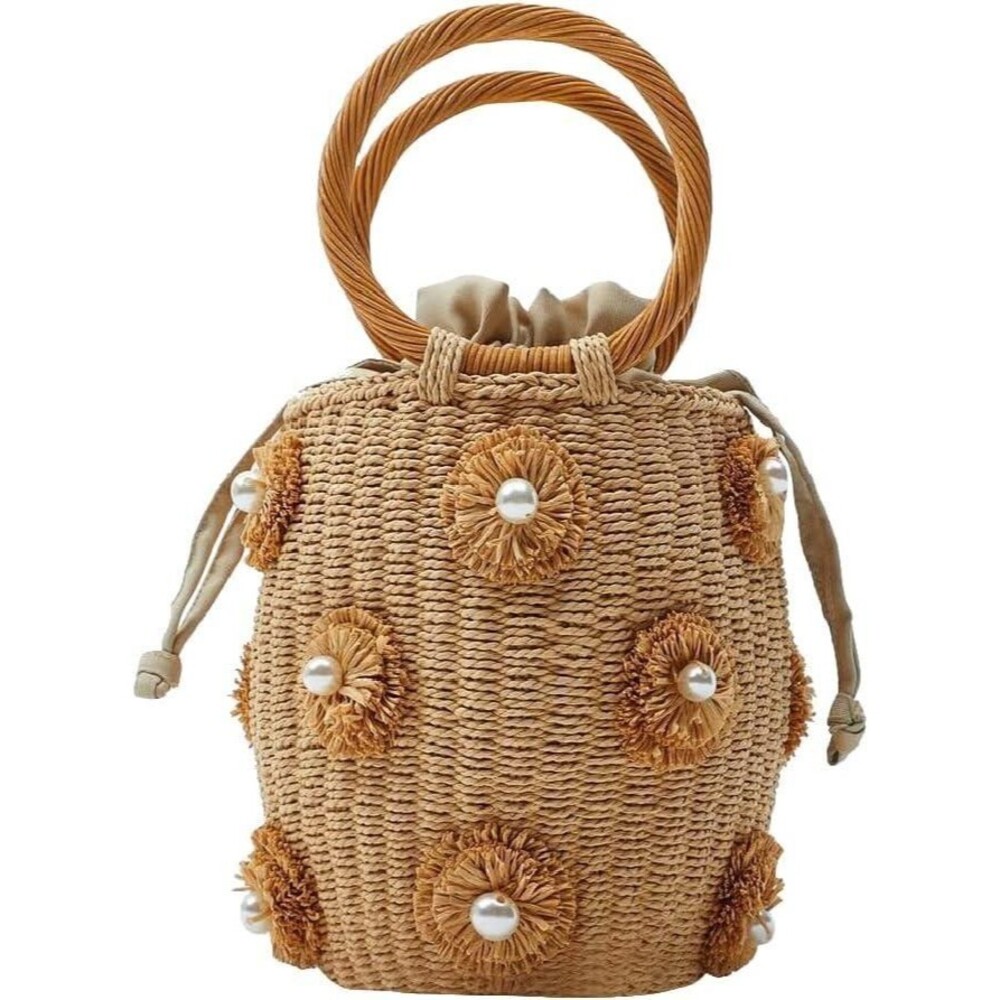 Flower Pearls Rattan Tote Bag Summer Beach Drawstring Straw Bucket Bag Diamon...